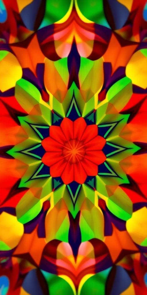 Generate an abstract colorful geometric pattern with vibrant reds, oranges, yellows, greens, and blues, use a Canon EOS R5 camera with a 50mm lens, set aperture to f/8, ISO 100, and shutter speed of 1/125 sec for high detail and clarity, capture the scene from a slightly elevated angle with a soft focus background to enhance the foreground colors.