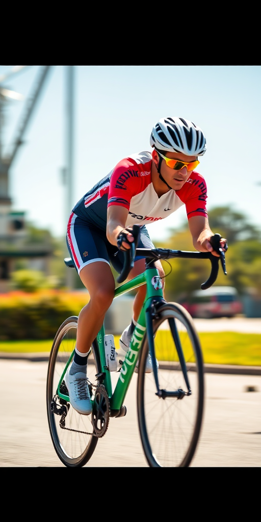Generate an image of a cyclist in a dynamic pose, using a DSLR camera with a 50mm lens, f/1.8 aperture, ISO 100, in a bright outdoor setting, capturing motion with a shallow depth of field and vibrant colors.
