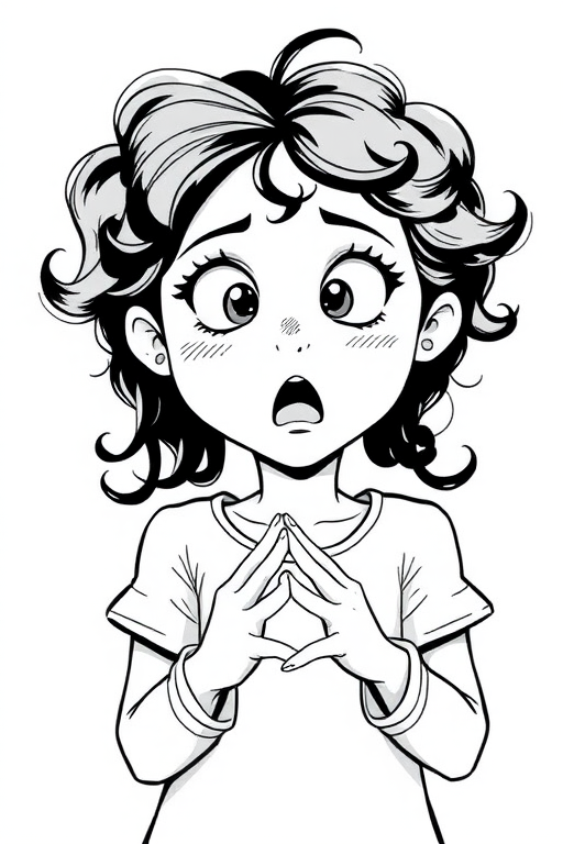 The image is a black and white illustration of a young girl with curly hair. She has a surprised expression on her face with her mouth open and her hands clasped together in front of her chest. Her eyes are wide and her eyebrows are furrowed. Her hair is styled in loose curls that are cascading down her back. The overall mood of the image is one of shock or surprise.