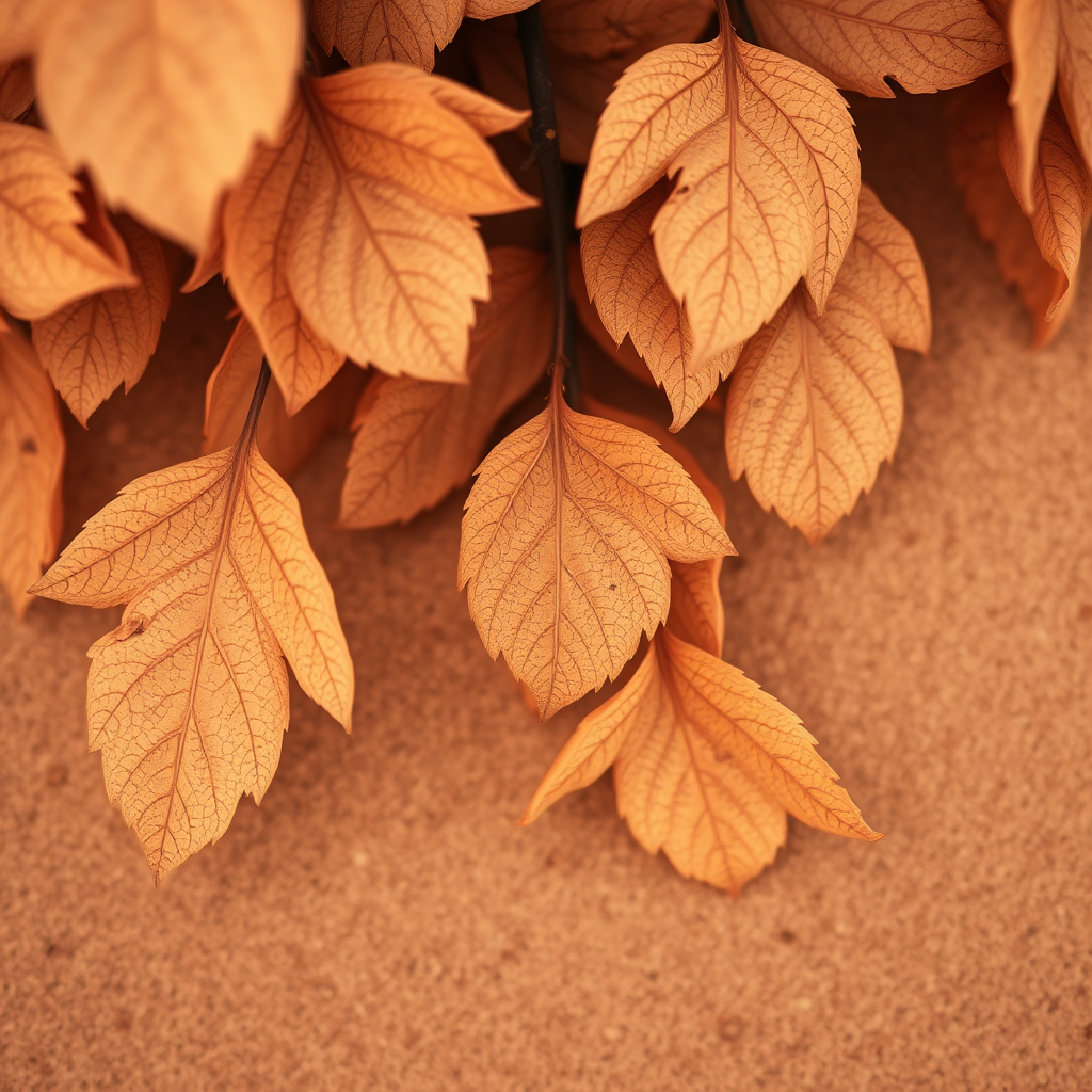 Create a textured background featuring soft, faded leaves with a warm brown gradient, using a DSLR camera at f/4 aperture, ISO 100, 50mm lens, shot from a top-down view in natural lighting for enhanced depth and detail.