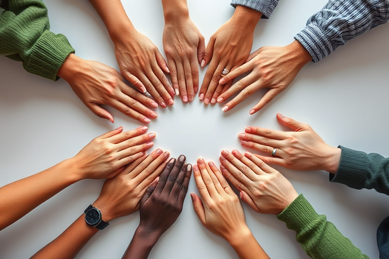 create an image of diverse hands in a circular arrangement with a light background using a Canon EOS R5 with a 50mm lens, aperture f/2.8, shutter speed 1/125s, ISO 100, top-down view, soft lighting for enhanced quality