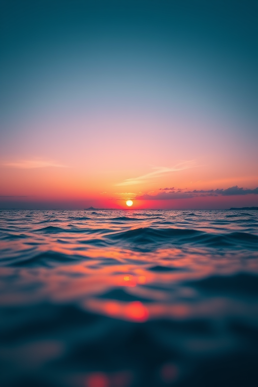 Create a high-resolution image of a sunset over a calm ocean, using a Canon EOS R5, 50mm lens, aperture f/1.8, ISO 100, with a low-angle view and soft focus style for enhanced depth and vibrancy.