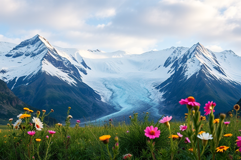 landscape of snow-capped mountains with a glacier and blooming wildflowers in the foreground, shot with a Canon EOS R5, 24mm lens, f/8 aperture, ISO 100, natural lighting, wide-angle view, high dynamic range