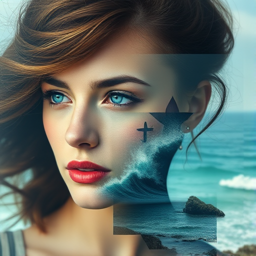 design Book cover, A surreal double exposure portrait that blends a woman's face with a beautiful seascape. The overall mood is dreamy and mystical, with rich colors and intricate details