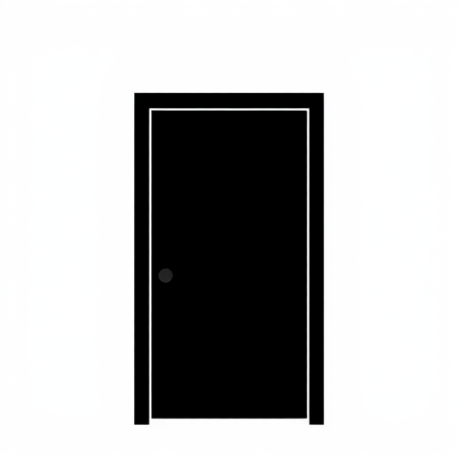 Create a high-contrast vector image of a simple door silhouette with a round doorknob, shot with a Canon EOS 5D Mark IV, aperture f/8, ISO 100, 50mm lens, overhead view, minimalist style.