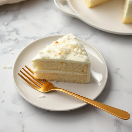 A slice of white cake with coconut flakes and frosting on a white plate accompanied by a golden fork on a marble surface with crumbs and fabric in the background.