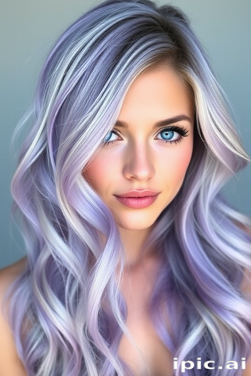 Stunning ombre lavender to silver hair cascades down in beachy waves, framing a delicate face with piercing blue eyes. The "Twilight Mist" style features subtle highlights that shimmer like moonlight on water, creating depth and dimension. Soft tendrils frame the face, while the back is styled in loose, effortless curls that evoke a dreamy, ethereal quality.