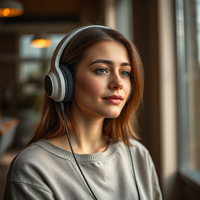 portrait of a young woman listening to music with headphones in a modern indoor setting, natural light, soft focus, Canon EOS R, 50mm f/1.8 lens, aperture f/2.8, ISO 100, shutter speed 1/200s, shallow depth of field, warm colors, serene atmosphere
