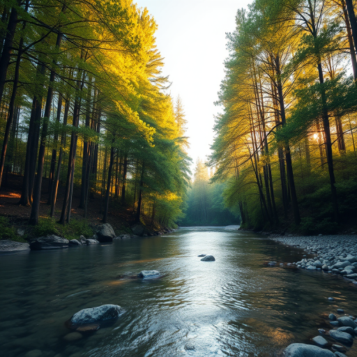 Create an image of a serene, sunlit forest scene with a clear, gently flowing river. Tall trees with lush green foliage line both sides of the river, their leaves bathed in the warm golden light of the setting or rising sun. The sunlight filters through the trees, casting soft, dappled light on the river, which flows over smooth rocks and pebbles, creating a peaceful, natural atmosphere. The sky is bright with a few scattered clouds, and the overall mood is tranquil, evoking a deep sense of connection with nature. The image captures the beauty of a calm, pristine forest landscape at either dawn or dusk.