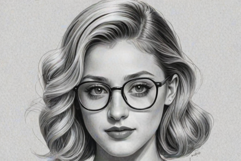 Radiant Lili Reinhart, pencil sketch, portrait of Enchanting woman 1960s in glasses, hair style beatnik, outline, clear lines, fine lines, 8k