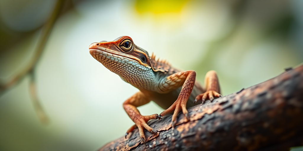 Capture a close-up image of a lizard perched on a tree branch with sharp focus, using a Canon EOS R5 with an aperture of f/2.8, ISO 200, shutter speed of 1/200 sec, in natural light to enhance details and textures.