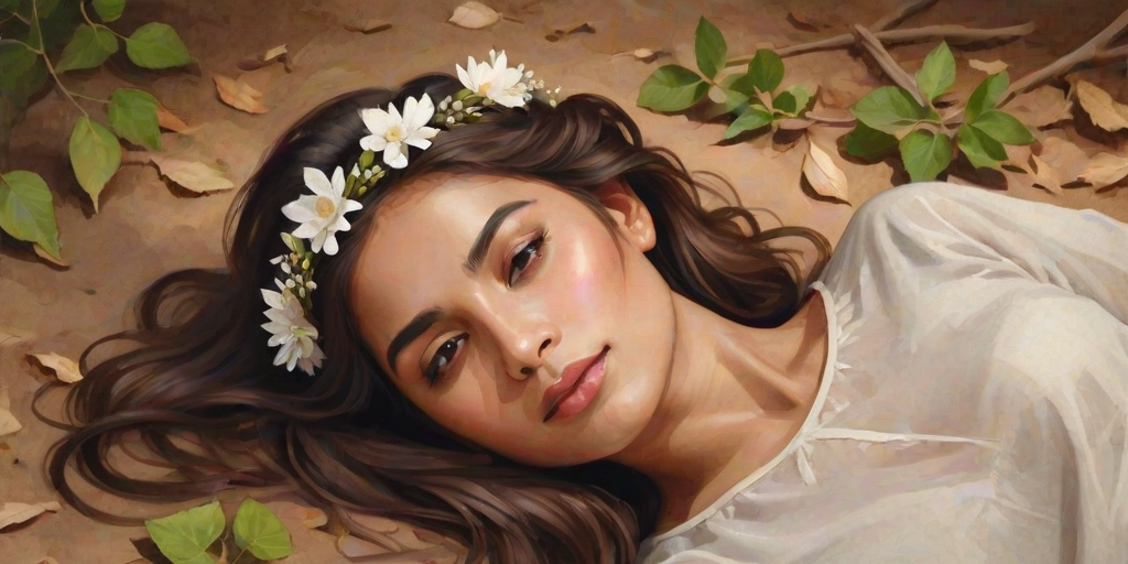 create a watercolor painting of an ethereal portrait of beautiful Pakistani woman with a simple white flower crown on her head. Her hair is long and she is lying on the ground. The sunlight on the trees casts shadows from the leaves on her face and body. The background is a neutral brown color that matches her skin tone. The image is minimalist and solid colors. This style is characterized by soft, delicate brushstrokes and a light, airy, contrasting color palette. High level of detail and play of light