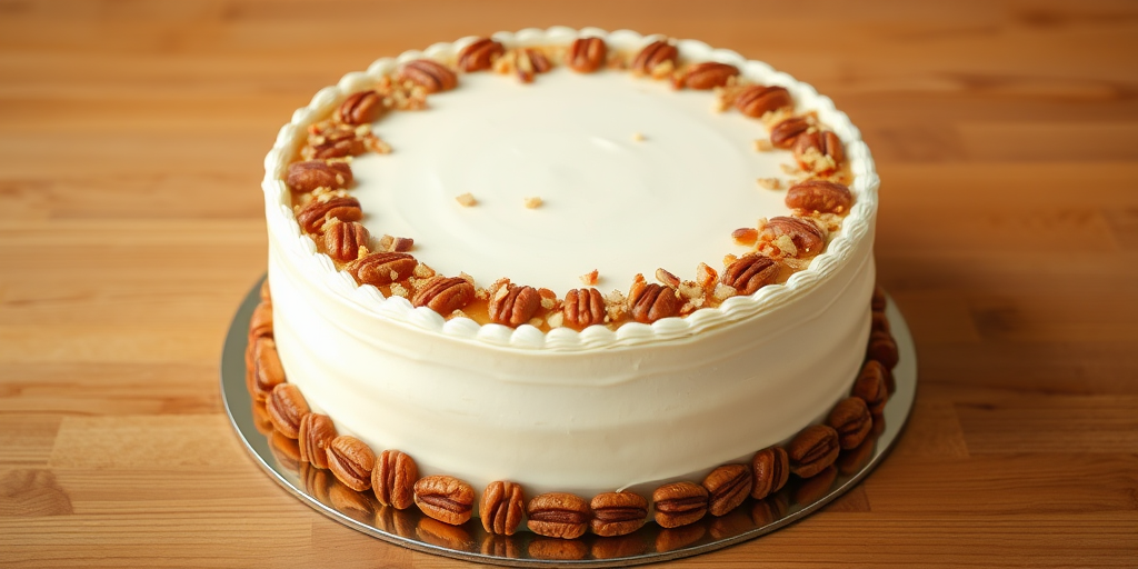 Create an image of a round cake with a smooth white frosting decorated with a caramel topping and chopped nuts on top. The cake should have a decorative piped edge on the top and a border of whole pecans around the base. The background should be a simple wooden table.