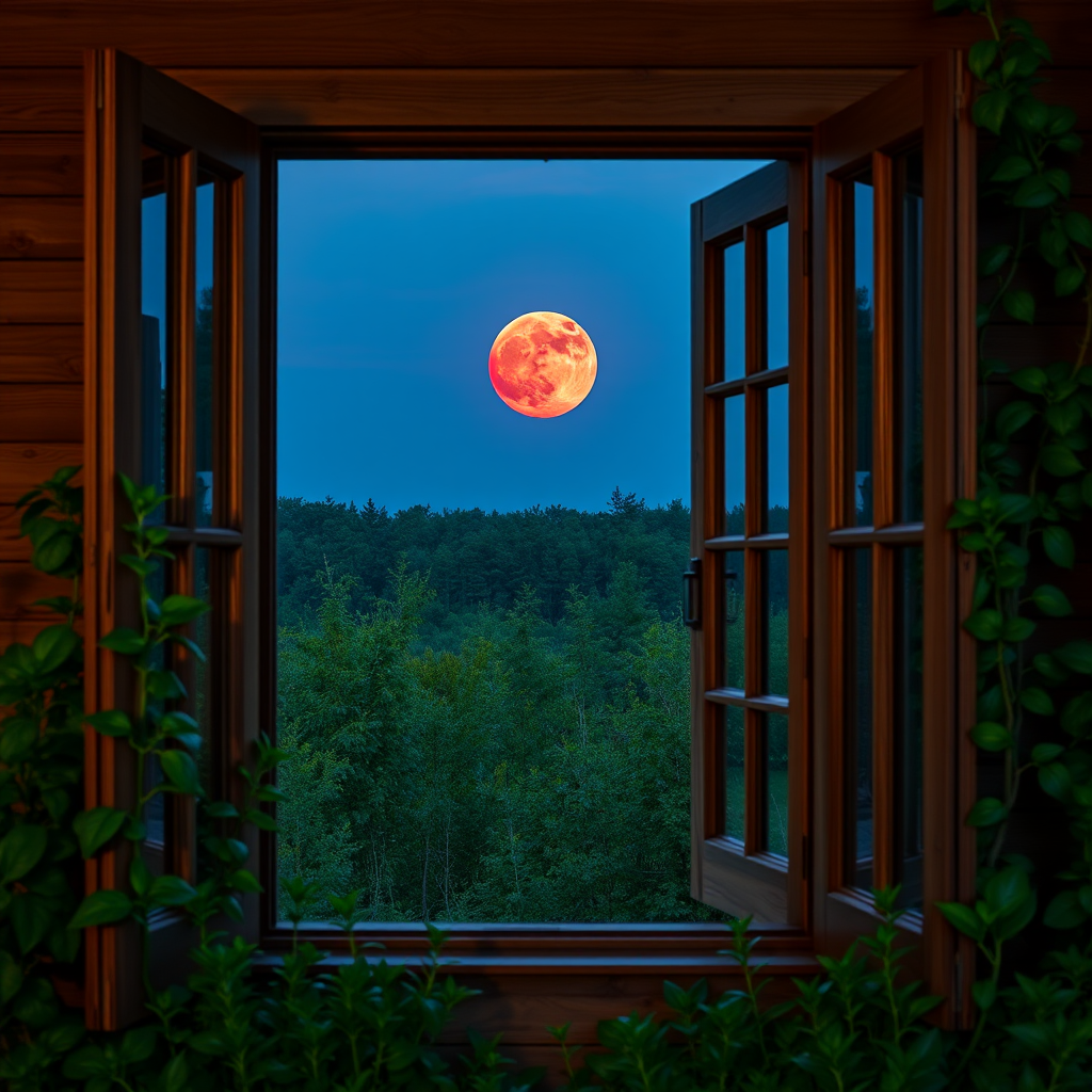 Create a high-resolution image of an open wooden window framed by greenery at dusk, with a large red moon visible in the background, shot with a DSLR camera at f/2.8, ISO 200, shutter speed 1/60s, using a wide-angle lens in landscape orientation for enhanced depth and detail.