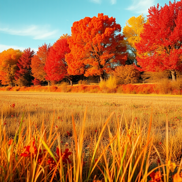 Create a vibrant landscape image of a field with colorful autumn foliage featuring red, orange, and yellow trees, a clear sky in the background, taken with a DSLR camera at f/8 aperture, ISO 100, 24mm lens, using a wide-angle view to capture depth and detail in the foreground and background.