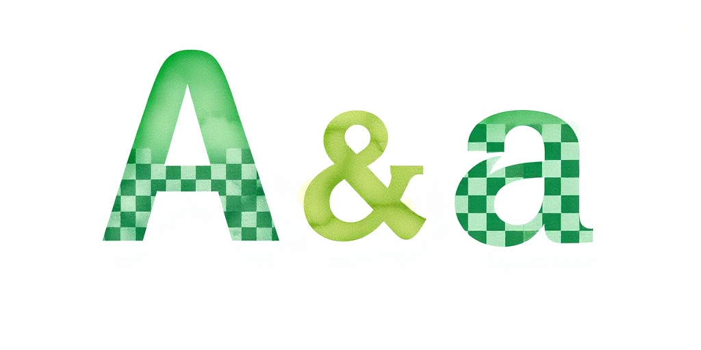 Create a high-resolution image of the letters "A" and "a" in green watercolor and checkered patterns set against a white background, captured with a DSLR camera at f/2.8 aperture, 50mm lens, ISO 100, with a shallow depth of field and natural daylight to enhance colors.