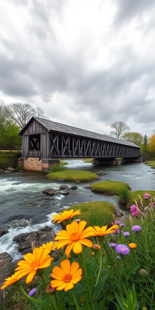 capture a scenic view of a historic wooden bridge over a river with flowing water and vibrant flowers in the foreground, cloudy sky above, using a DSLR camera with a 24mm lens, aperture f/8, ISO 200, 1/125 sec shutter speed, shot from a slightly elevated angle to enhance depth and detail