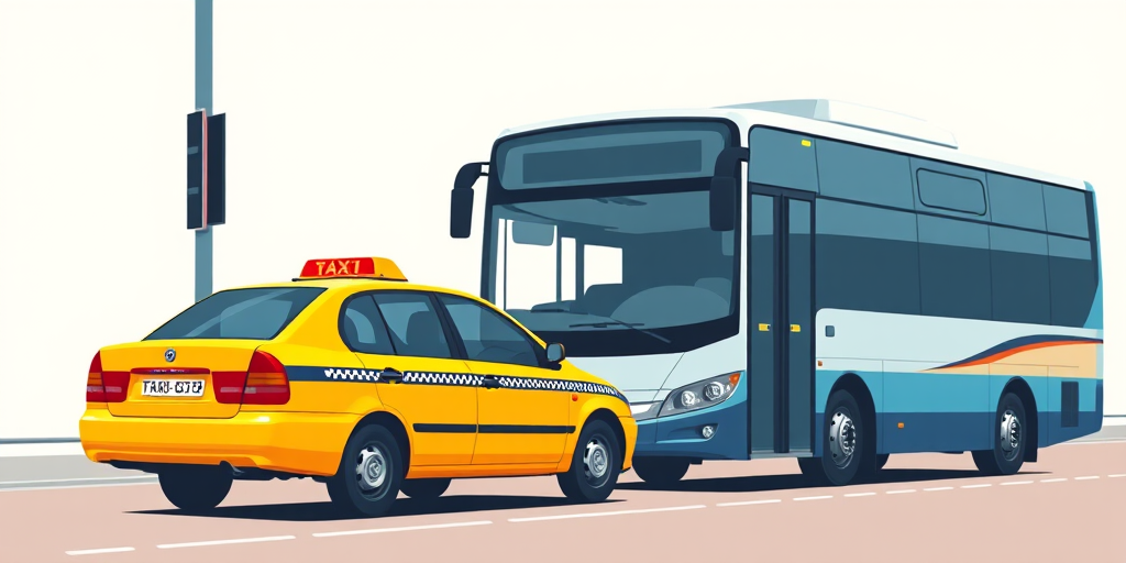 Create a high-resolution vector image of a taxi next to a bus, using a DSLR camera type with a 50mm lens, f/1.8 aperture, ISO 200, and in vibrant colors, with a focus on clean lines and smooth edges.