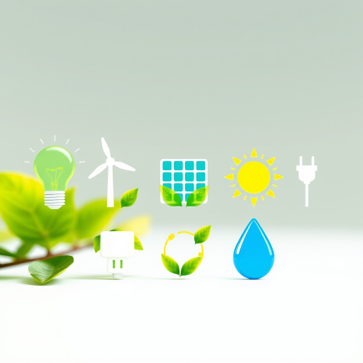 Create a high-resolution digital illustration of six eco-friendly energy icons, featuring a light bulb, wind turbine, solar panel, power plug, sun, and water droplets, all integrated with green leaves, using a Canon EOS 5D Mark IV with a 50mm lens, f/8 aperture, 1/200 shutter speed, natural light, and a slight vignette effect.
