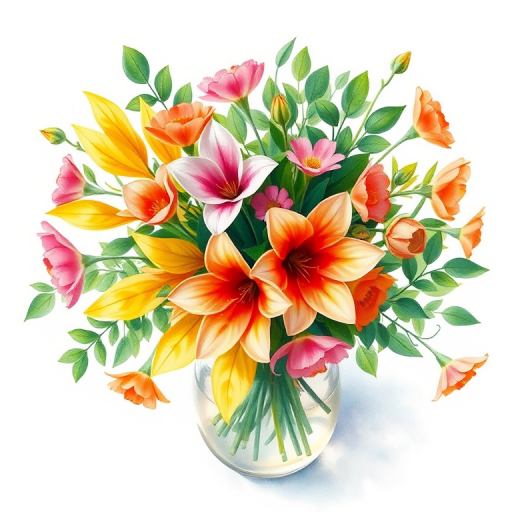 Create a vibrant digital illustration of a flower vase filled with colorful flowers including yellow leaves, pink and orange blooms, and lush green foliage using a high-resolution digital canvas with a 300 DPI setting, in an overhead view, employing a watercolor style, mimicking a Canon EOS R camera type.