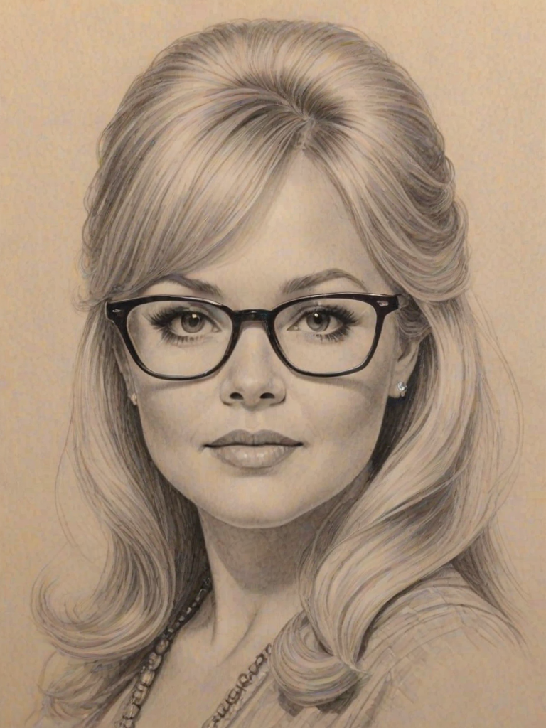 Appealing Charlene Tilton, pencil sketch, portrait of Enchanting woman 1962s in glasses, hair style beatnik, outline, clear lines, fine lines, 8k