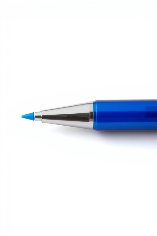 Regenerate a high-resolution image of a blue pen with a glossy finish, centered on a plain white background, shot from a 45-degree angle, using a DSLR camera with a 50mm lens, aperture set to f/2.8, ISO 100, and a shutter speed of 1/125 sec to enhance clarity and detail.