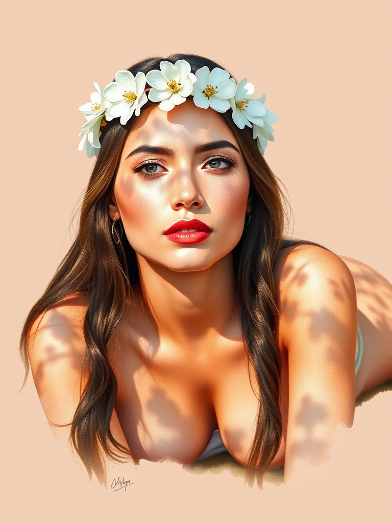 create a watercolor painting of an ethereal portrait of beautiful Native American woman with a simple white flower crown on her head. Her hair is long and she is lying on the ground. The sunlight on the trees casts shadows from the leaves on her face and body. The background is a neutral brown color that matches her skin tone. The image is minimalist and solid colors. This style is characterized by soft, delicate brushstrokes and a light, airy, contrasting color palette. High level of detail and play of light