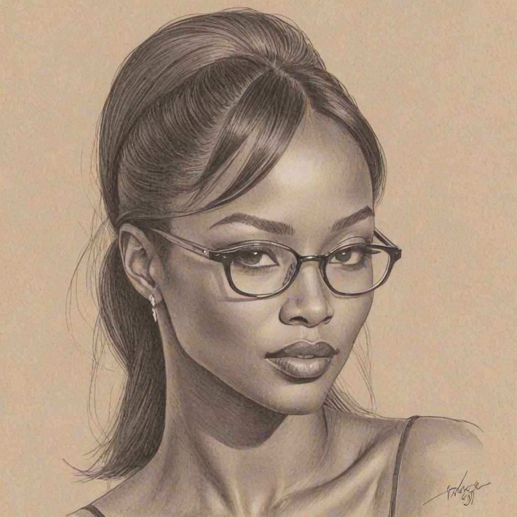Elegant Naomi Campbell, pencil sketch, portrait of Bewitching woman 1938s in glasses, hair style beatnik, outline, clear lines, fine lines, 8k