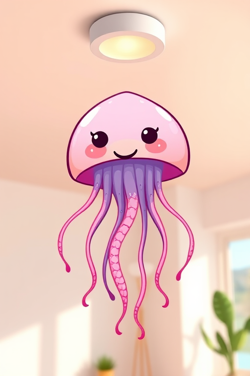 create a vibrant, cartoon-style illustration of a cute jellyfish with a smiling face, suspended from a ceiling light fixture in a minimalist interior, using a Canon EOS R5 camera, with a 50mm lens, aperture f/1.8, ISO 100, and soft natural lighting to enhance colors and details.