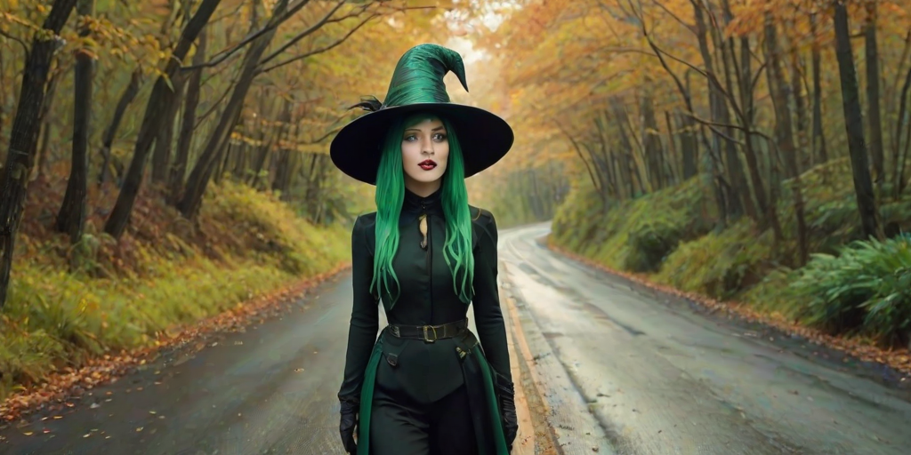 digital art fantasy depicting a strange girl with green hair, long eyelashes, green lipstick and a tall hat walking along a winding road on an autumn afternoon, an Umbrellabird smiles as she passes