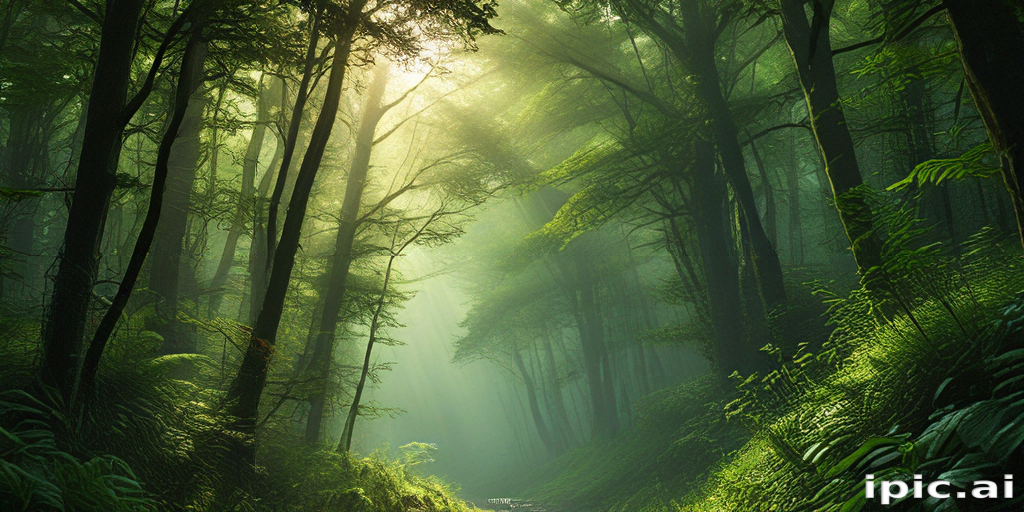 Enchanted Forest: Sunlight Filtering Through Lush Green Trees and Ferns