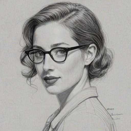 Radiant Zoe Lister-Jones, pencil sketch, portrait of Charming woman 1941s in glasses, hair style beatnik, outline, clear lines, fine lines, 8k