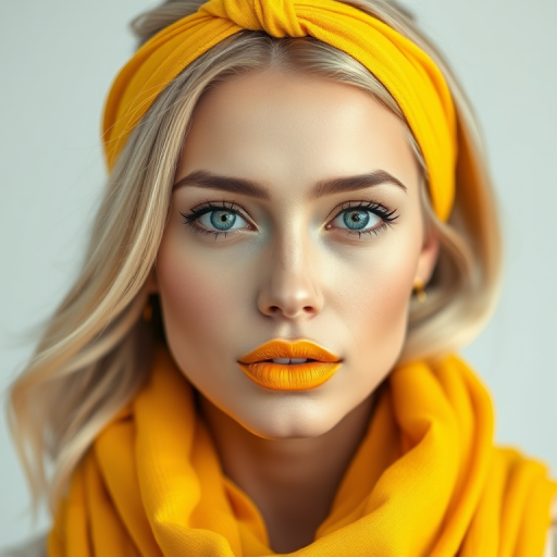 Create a high-resolution portrait of a woman with blonde hair and striking yellow lips, wearing a vibrant yellow scarf and a matching headband, with a soft focus background, captured using a DSLR camera at f/2.8 aperture, ISO 100, 50mm lens, with a clean and modern style.