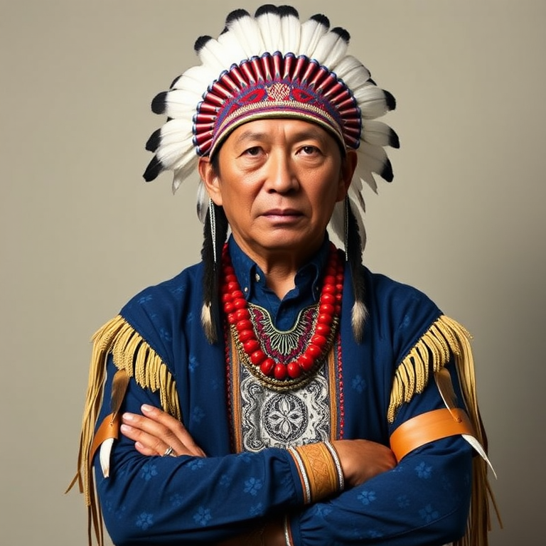 Create a dignified portrait of a Native American man dressed in traditional attire. He wears a beautifully crafted headdress adorned with white feathers and red beads, along with a beaded headband featuring intricate patterns. His clothing includes a deep blue, patterned shirt and a traditional chest piece with detailed beadwork. His arms are crossed, displaying leather armbands decorated with feathers. The background is simple and neutral, emphasizing his proud and stoic expression. The overall image captures the rich cultural heritage and strength of his persona.