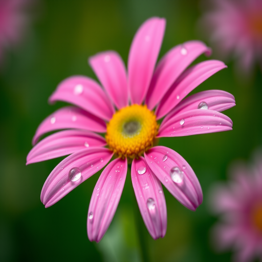 macro shot of a pink daisy with water droplets on petals, shallow depth of field, f/2.8 aperture, 100mm lens, ISO 200, soft natural light, DSLR camera, focus on flower with blurred background