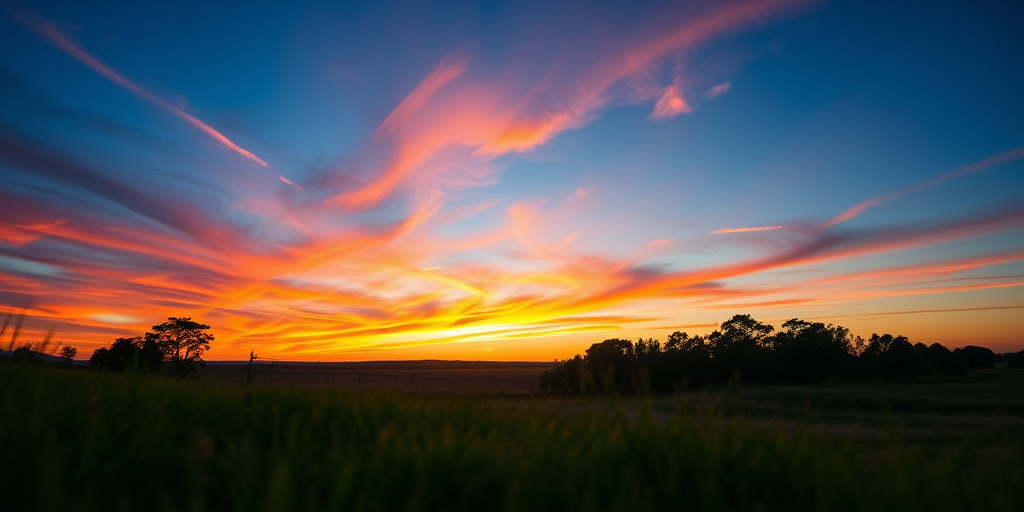 Create a high-resolution image of a serene landscape at sunset with vibrant colors in the sky, using a DSLR camera, 50mm lens, aperture f/1.8, ISO 100, shutter speed 1/200s, captured from a low angle perspective to emphasize foreground details.