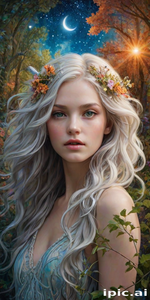 Create a series of imaginative portraits where each subject is infused with elements of fantasy and nature. The hair of the individuals should flow like clouds, varying from soft, fluffy cumulus to wispy cirrus strands, with hints of color reflecting a sunset or a clear blue sky. The eyes should be windows to entire galaxies, with stars, nebulae, and distant planets visible within them. Clothing should be adorned with nature motifs, such as floral patterns that bloom and change, vines that seem to grow and wrap around, or feathers that shimmer with iridescence. Each portrait should capture a unique personality, blending human features with the ethereal beauty of the natural and cosmic world. The backgrounds can vary, from starry night skies to enchanted forests, adding depth and context to the magical realism of the portraits