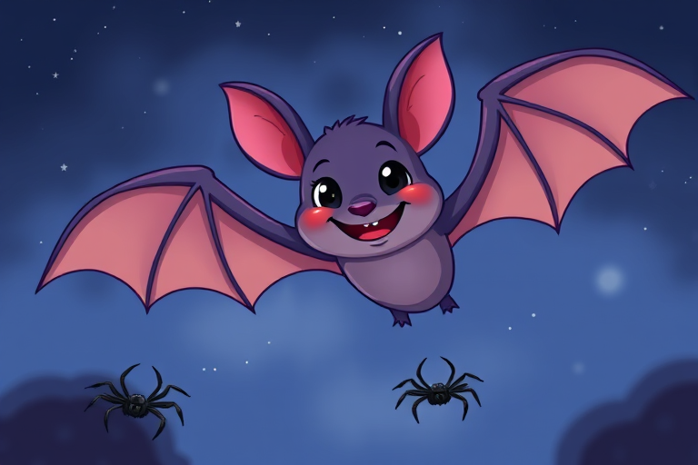 Create a vibrant illustration of a friendly cartoon bat with big ears and a smile, flying in a night sky with two playful cartoon spiders nearby, using a Canon EOS R5 camera with a 50mm f/1.8 lens, aperture set to f/2.8, ISO 100, and shooting from eye level to enhance image clarity and vividness.