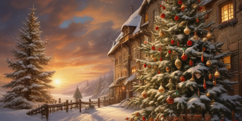Charming Winter Scene of a Cozy Cottage with a Festive Christmas Tree