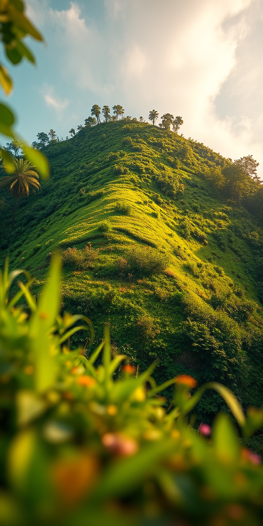 Create a high-resolution stylized illustration of a lush green hill covered with vibrant vegetation, captured with a Canon EOS R5 with a 50mm f/1.2 lens at f/2.8, shot from a low angle to emphasize depth and richness, using a vibrant color palette and soft focus for a dreamy effect.