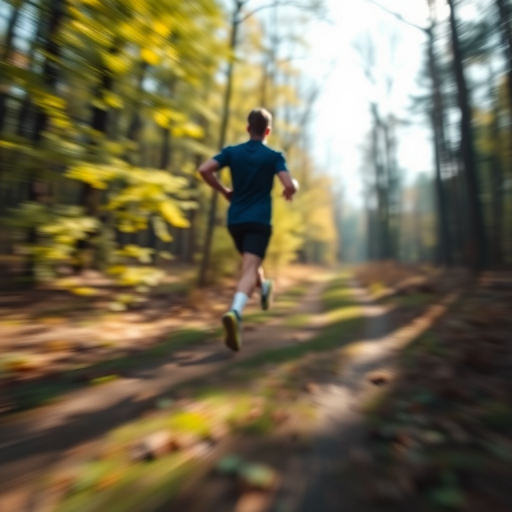 Blurry action shot of a runner jogging through a forest trail, soft focus on the movement, distant trees casting long shadows, and the sound of footsteps on leaves and the distant chirping of birds filling the air.