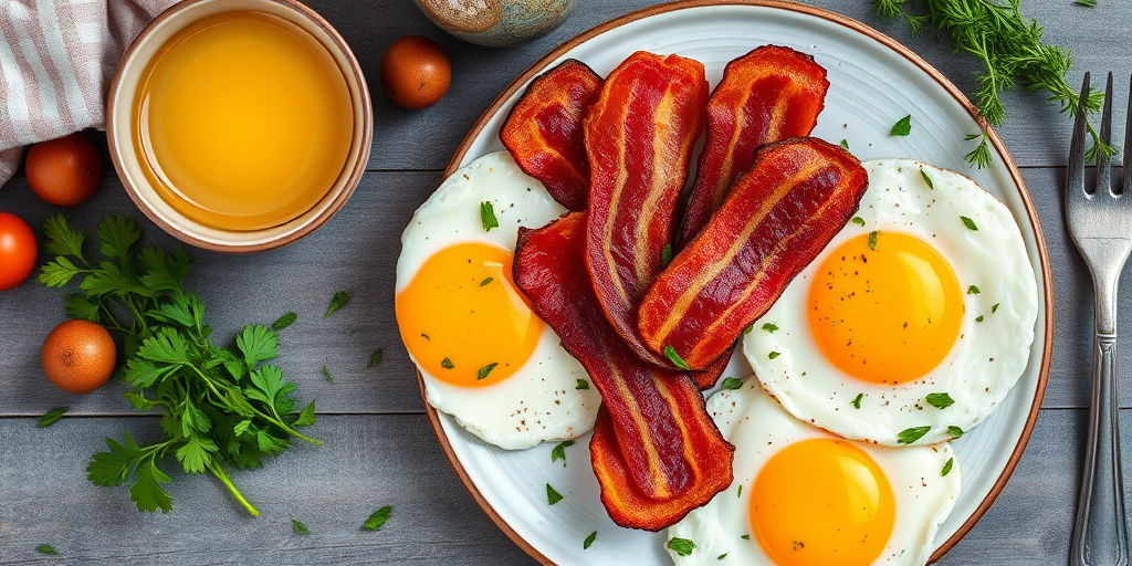 overhead shot of a breakfast spread featuring fried eggs, crispy bacon, and fresh herbs, captured with a Canon EOS R5, 50mm lens, aperture f/2.8, ISO 100, natural light for enhanced brightness and color vibrancy