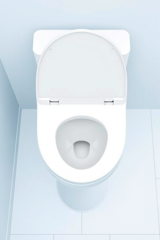 Create a high-resolution vector illustration of a modern toilet with a rounded seat and a minimalist design, using a clean white and light blue color palette, captured with a digital camera at f/8 aperture, ISO 100, 50mm lens, with a top-down view and flat lighting style for clarity and depth.