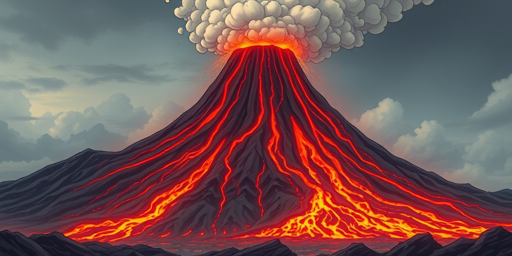 Create a detailed illustration of an erupting volcano with lava flowing down its sides and a large ash cloud, using a DSLR camera with a 50mm lens, aperture set to f/8, ISO 100, and shot from a low angle view to emphasize the height and intensity of the eruption.