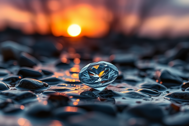 A close-up shot of a sparkling diamond on wet pebbles, backlit by a sunset with vibrant colors, sharp focus, f/2.8 aperture, ISO 100, 1/200 sec, captured with a DSLR camera using a macro lens for enhanced clarity and detail.