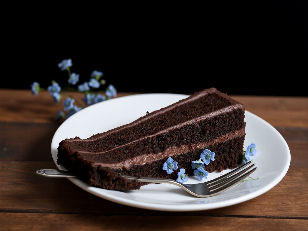 A slice of rich chocolate cake with layers of dark chocolate frosting on a white plate adorned with delicate blue flowers and a vintage fork on a rustic wooden table against a dark background.