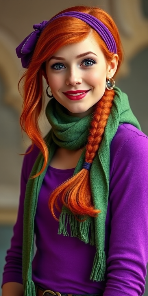 Daphne Blake,purple clothes,redhead,green scarf,purple headband,vibrant colors,very beautiful