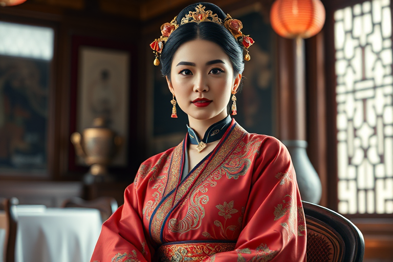 A beautiful Zambo woman in traditional East Asian attire, intricately detailed with embroidered patterns, sitting gracefully in a richly decorated room, soft ambient lighting, serene and elegant, ultra-realistic, 8K resolution