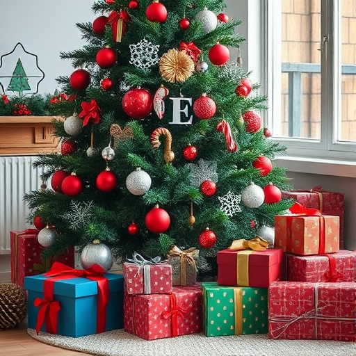 Create a cozy Christmas scene featuring a beautifully decorated Christmas tree with red and silver ornaments, surrounded by colorful gift boxes, captured with a DSLR camera at 50mm, f/2.8 aperture, ISO 200, in soft natural light for an inviting atmosphere.