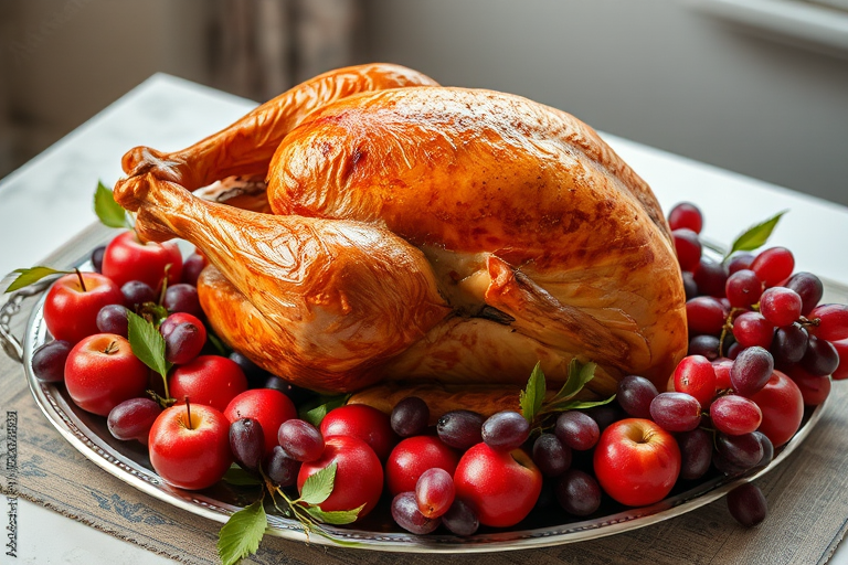 Create a high-resolution image of a roasted turkey on a silver platter surrounded by red apples and grapes, using a Canon EOS R5 camera, 50mm lens, f/2.8 aperture, ISO 100, and natural daylight.